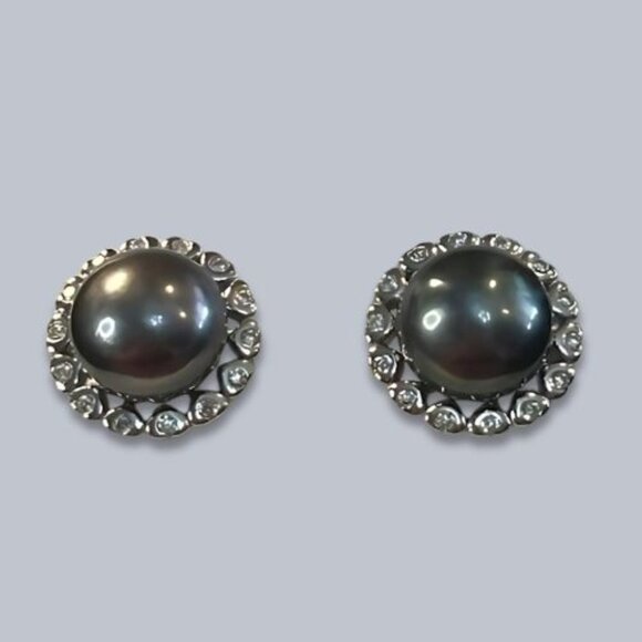 Jewelry - Peacock Pearls Halo Earrings CZ Sterling Silver 925 Stud Butterfly Clasp Grey OS